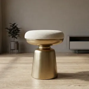 Modern Upholstered Round <b>Stool</b> with Brass Metal Pedestal Base Luxury Accent Seating Ottoman for Living Room Bedroom <b>Vanity</b> Decor - Product Image 3