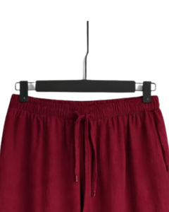 Ensemble deux pièces en lin rouge pour femme, chemise à manches longues boutonnée et pantalon large à taille élastique, tenue décontractée pour la détente - Product Image 6