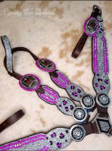 Ensemble de bride et de harnais en cuir pour cheval, style western, avec conchos turquoise et accents imprimés léopard, pour l'équitation - Vente chaude 2026 - Product Image 3
