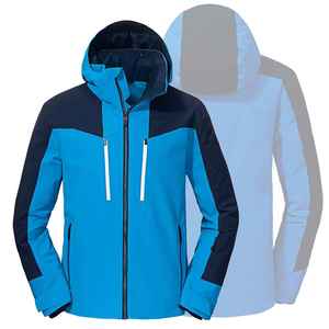 Men's Waterproof Hooded Puffer <b>Jacket</b> Blue Color Blocking Sporty Style Regular Fit Polyester Material Winter Outdoor Wear - Product Image 1