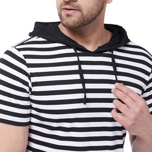 T-shirt à capuche à manches courtes rayé noir et blanc pour hommes, haut décontracté d'été avec cordon de serrage - Product Image 4
