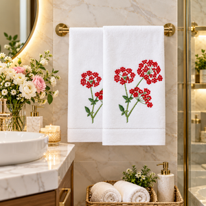 Serviettes de toilette en coton blanc de haute qualité, brodées de fleurs sauvages rouges vibrantes, pour la salle de bain et les cadeaux de mariage - Product Image 2