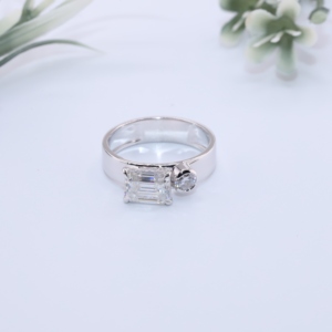 Luxury Solid White Gold <b>Mens</b> Lab Diamond <b>Ring</b> East West Emerald Cut Bezel Round Two Stone Band Fine Jewelry - Product Image 1