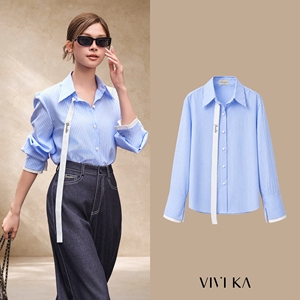 Chemise en coton rayée bleue pour femme, manches longues, boutonnée, col classique, coupe décontractée, détail ruban, automne - Product Image 1