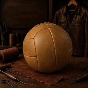 Balón de fútbol de cuero genuino vintage con acabado artesanal, costuras premium, decoración deportiva, en venta a bajo precio. - Product Image 3