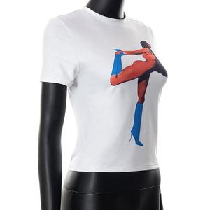 2024 Summer Unisex T Shirt Women's <b>Sexy</b> Casual Short Sleeve <b>Crop</b> <b>Top</b> 100% Cotton Plus Size Decorated with Appliques - Product Image 2