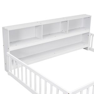 <b>White</b> Full Floor Bed with Side <b>Bookcase</b> Shelves & Guardrails - Product Image 6