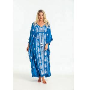 Kaftan de estilo indonesio para adultos, elegante bohemio, manga de murciélago, bordado clásico, dobladillo con flecos de encaje delicado, Fiesta en la playa, rayón caliente - Product Image 1