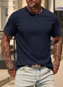 T-shirt en coton bleu marine à manches courtes et col rond pour homme, coupe classique, couleur unie, tricot jersey, teint uni - Product Image 6
