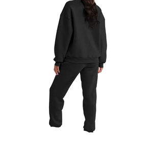 Survêtement grande taille pour femme, noir uni, sweat-shirt demi-zip avec pantalon à cordon de serrage, coupe décontractée ample, longueur intégrale, en polyester, pour l'automne - Product Image 3