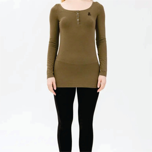 Camiseta Henley de Manga Larga Verde Oliva para Mujer, Cuello Redondo, Botones al Frente, Corte Regular, Informal, Sin Tejido, Sólida, Verano, Logotipo, Lisa, Teñida - Product Image 1