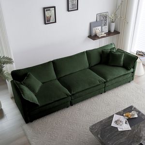 Divano a 3 Posti in Ciniglia Verde Stile Mid-Century Moderno per Soggiorno con 2 Braccioli e 3 Cuscini Decorativi - Product Image 1