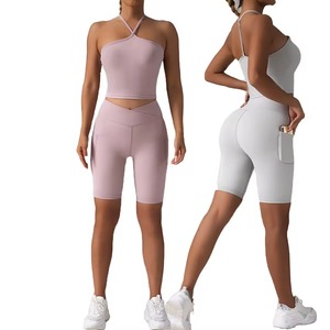 Ensemble de sport 2 pièces pour femme, nouveau, personnalisé, vente en gros, soutien-gorge de sport sexy à bretelles et short push-up, taille élastique unie, pour gym, yoga et fitness - Product Image 3