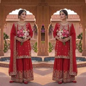 Salwar Kameez en soie rouge avec broderies lourdes, longueur genou, style vintage traditionnel, costume de mariage et de fête pour femmes, style Inde Pakistan - Product Image 1