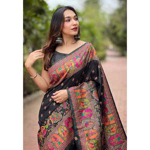 Sari de Seda Cachemir Pashmina Negro Jade de Elite Weaves con Zari Tejido, Ropa India y Pakistaní, 700g - Product Image 1