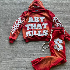 Custom Patchwork <b>Flared</b> Pants and Hoodie Set Applique Distressed Embroidery Tracksuit <b>Men</b> Acid Wash Slim Fit Tracksuits For <b>Men</b> - Product Image 1