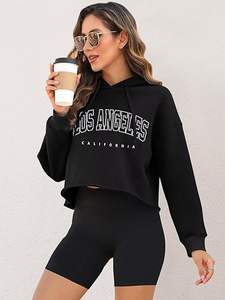 Haut court à capuche pour femme avec imprimé graphique lettres, manches longues, en molleton, décontracté, ample, pour l'entraînement - Product Image 4