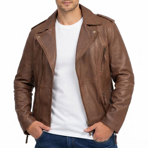 Wholesale Custom <b>Men's</b> <b>Brown</b> Genuine <b>Leather</b> Moto Biker <b>Jacket</b> Slim Fit Zipper Front Turn-down Collar Autumn Casual Outerwear - Product Image 5