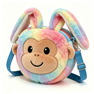 Bolso bandolera de peluche personalizado para niños, bolso de peluche con orejas de conejo, bolso bandolera de peluche con diseño de mono, bolso de mono arcoíris. - Product Image 4