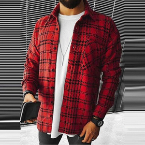 Men's Red Plaid Long Sleeve Flannel <b>TShirt</b> Regular Fit Casual Wear Woven Patterned Top - Product Image 1