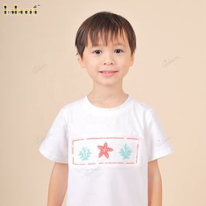 Ensemble bébé garçon Babeeni Smocked Starfish menthe et corail 100% coton certifié OEKO-TEX ignifuge Vêtements en gros ODM OEM - BB2069 - Product Image 2