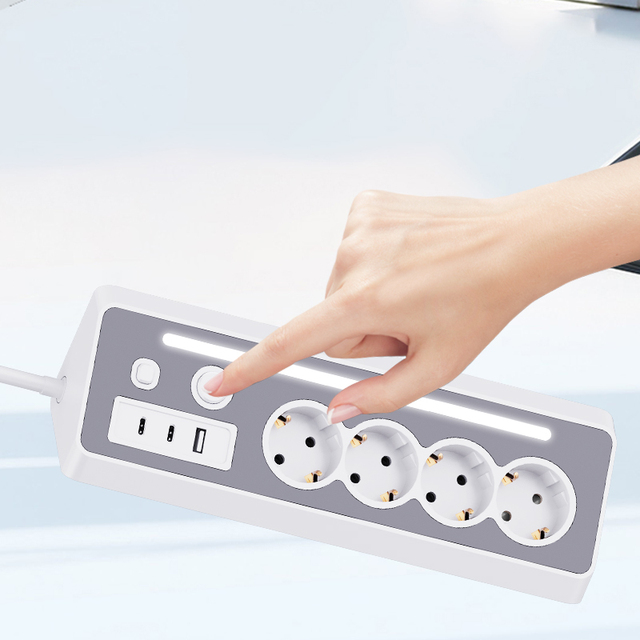 4-Outlet EU Standard Power Socket Extension Board Tower Power Strip with 3 USB Surge & Overload Protector for Laptop Use