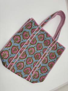 Handmade Kantha Quilted Tote <b>Bag</b> with Geometric Print <b>Fabric</b> Back Zip Striped Handles for Shopping Travel Everyday Use & Gifting - Product Image 2