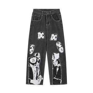 Custom Patchwork <b>Embroidered</b> Baggy <b>Jeans</b> Streetwear denim pants Flared <b>jeans</b> Vintage wash Wide leg oversized patchwork harajuku - Product Image 1
