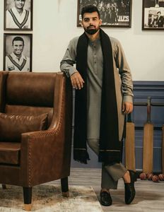 <b>Men's</b> Gray Cotton <b>Kurta</b> With Black Shawl Traditional Indian Pakistani Casual Wear Floor-Length Regular Fit All Seasons - Product Image 2