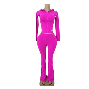 2026 Fashion Women's Two Piece Outfit - Slim Fit Full Zipper Hooded Jacket and High Waisted Flare Pants <b>Set</b> for Casual Wear - Product Image 3