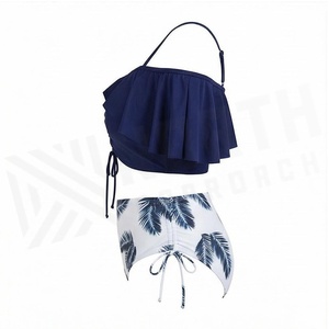 Conjunto de 2 Piezas para Mujer con Falda con Volantes y Top Halter, Cintura Alta, Estampado de Palmeras, Logotipo Frontal, Alta Calidad - Product Image 3