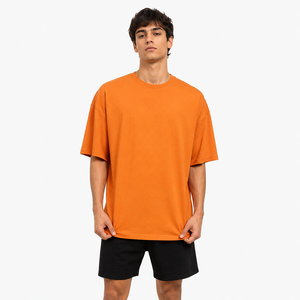 เสื้อยืดคอกลมแขนสั้นทรงโอเวอร์ไซส์สำหรับผู้ชาย สีส้ม ผ้าฝ้ายเจอร์ซีย์ สีพื้น ทอแบบเรียบ ใส่สบาย - Product Image 2