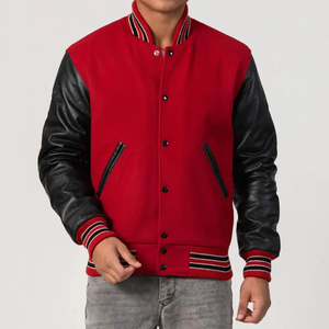 Varsity Bomber <b>Retro</b> Black Wool & Genuine Black Red <b>Leather</b> Sleeves Multi <b>Jacket</b> Stand Collar <b>Jacket</b> Men's <b>Jackets</b> - Product Image 6