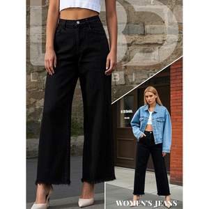 2025 2024, pantalones vaqueros de pierna ancha para mujer, Pantalones vaqueros de pierna recta holgados de cintura alta Y2K con dobladillo crudo, pantalones vaqueros transpirables holgados estampados - Product Image 3