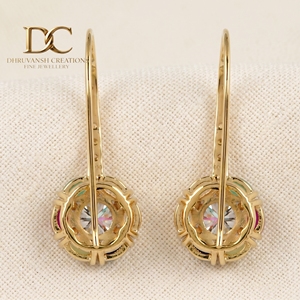 14KT Solid Yellow Gold Hoop Drop <b>Earring</b> with Lab Grown Diamond and Multi Gemstone IGI Certified Vintage <b>Fine</b> Jewelry for Women - Product Image 5