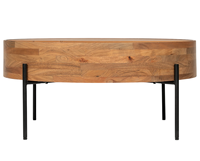 Table basse moderne avec plateau coulissant facilement, en bois d'acacia massif de forme ronde et pieds en métal