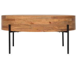 Table basse moderne avec plateau coulissant facilement, en bois d'acacia massif de forme ronde et pieds en métal - Product Image 2