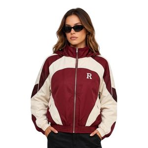 Vestes en satin pour femmes de style universitaire à fermeture éclair sur le devant, en polyester, bordeaux avec bordure rayée blanche, poches latérales, vestes d'extérieur - Product Image 1