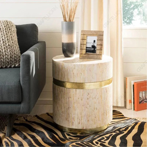 Ivory Mosaic Inlay Round <b>Side</b> <b>Table</b> <b>Gold</b> Tone Band Handcrafted Drum End <b>Table</b> Luxury Accent <b>Table</b> Designer Living Room Furniture - Product Image 2