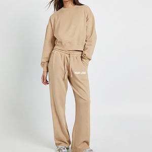 High Quality 100% Cotton French Terry Solid Color Sweatsuit For Women Casual Wear Breathable Crew Neck Sweatshirt & Jogger <b>Set</b> - Product Image 1