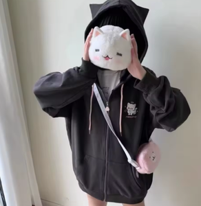 Ropa Cute Hoodies Coats Cartoon Cute <b>Cat</b> Ear Print Hooded Sweatshirts Y2K <b>Tops</b> Women Clothing Casual Zipper Loose New Hoodie - Product Image 5