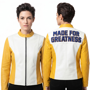 Blousons universitaires en cuir véritable pour femmes, col montant, broderie chenille, blouson motard en cuir, blousons en cuir véritable pour femmes - Product Image 1