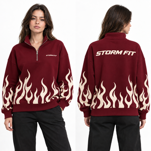 Sweat-shirt personnalisé pour femme, blanc, imprimé flamme, col zippé, coupe classique, en coton tricoté, décontracté, pour l'automne - Product Image 2