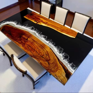 Table de salle à manger en bois massif avec bord naturel et résine époxy, table de conférence de luxe en résine noire, mobilier - Product Image 1