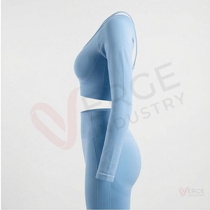 <b>Women</b> Light <b>Blue</b> Seamless Long Sleeve Crop Top High Waist <b>Leggings</b> Yoga 2 Piece Set - Product Image 3
