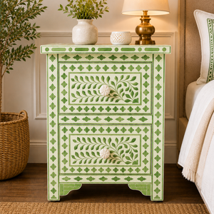 Premium Resin Bone Inlay <b>End</b> <b>Table</b> With 2 Drawer <b>Storage</b> Cabinet Bedside <b>Table</b> Luxurious Bone Inlay Furniture Bedroom Nightstand - Product Image 6