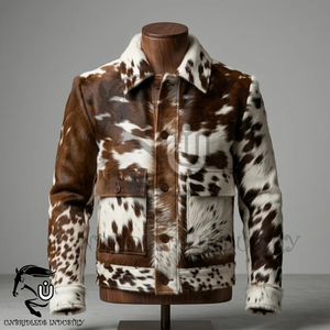 Veste chauffante d'hiver pour homme en cuir de vachette véritable avec fourrure, marron et blanc, style vintage, respirante, coupe-vent, col rabattable - Product Image 1