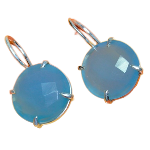 Boucles d'oreilles rondes en calcédoine bleue en argent sterling 925 faites à la main bijoux d'oreille fixe à la mode pour les mariages anniversaires fêtes - Product Image 1