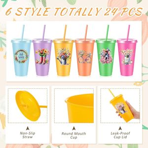 Lot de 12 gobelets réutilisables en plastique de 24 oz, motif floral 'Hello Spring', avec couvercles et pailles, pour femmes - Product Image 2