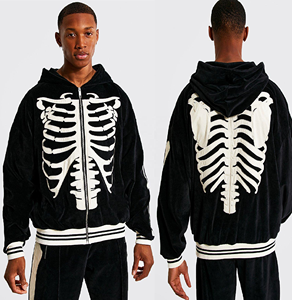 ชุดวอร์มแบบมีฮู้ดสำหรับผู้ชาย,เสื้อผ้าแฟชั่นสตรีท Velour Zip Through มีซิปด้านหน้ากำมะหยี่ปักลาย - Product Image 5